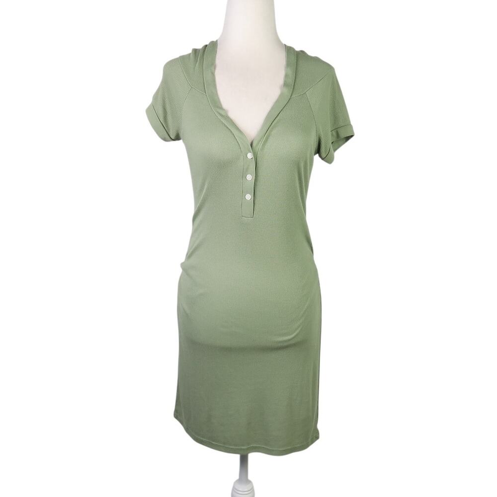 Vintage 90s French Kiss olive green henley hooded mini knit t-shirt dress M